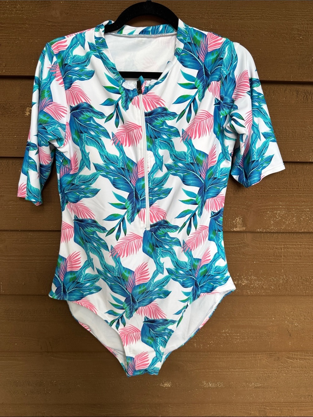Tropical Leaf Zip-Front One-Piece Swimsuit - White, Teal & Pink size XL
